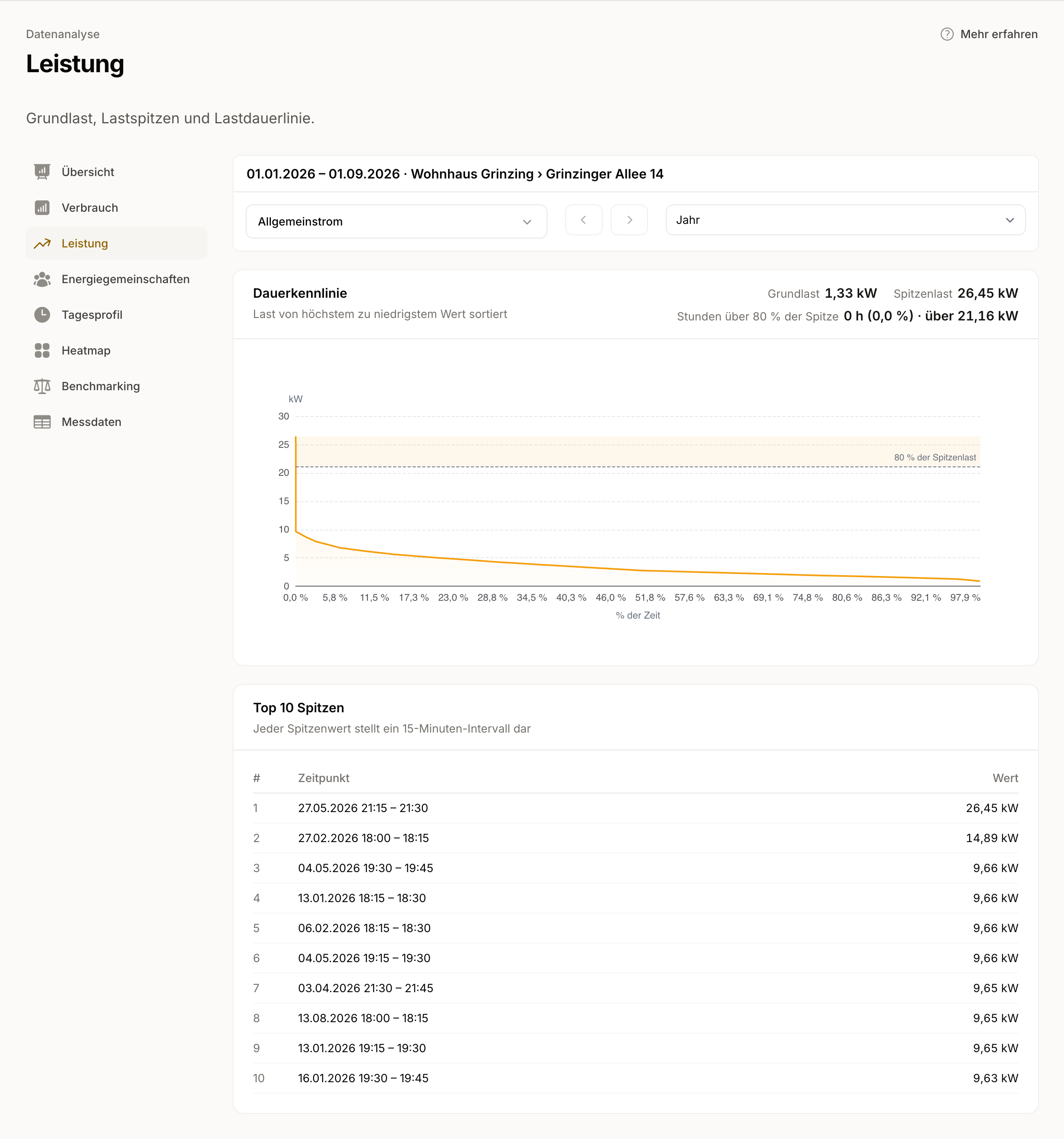 Leistung mit Jahresdauerlinie und Tabelle der höchsten Lastspitzen.