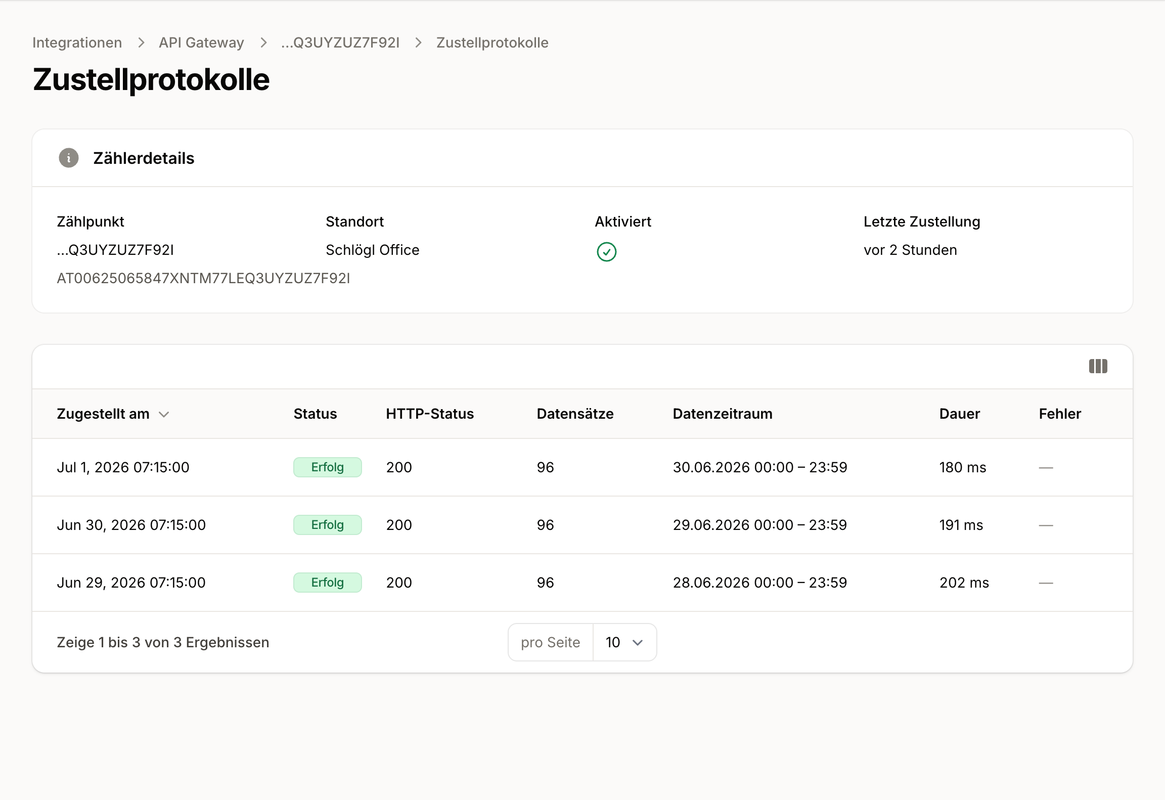 Protokoll einer Datenübertragung mit Status, Anzahl der Datensätze und Zeitpunkt.