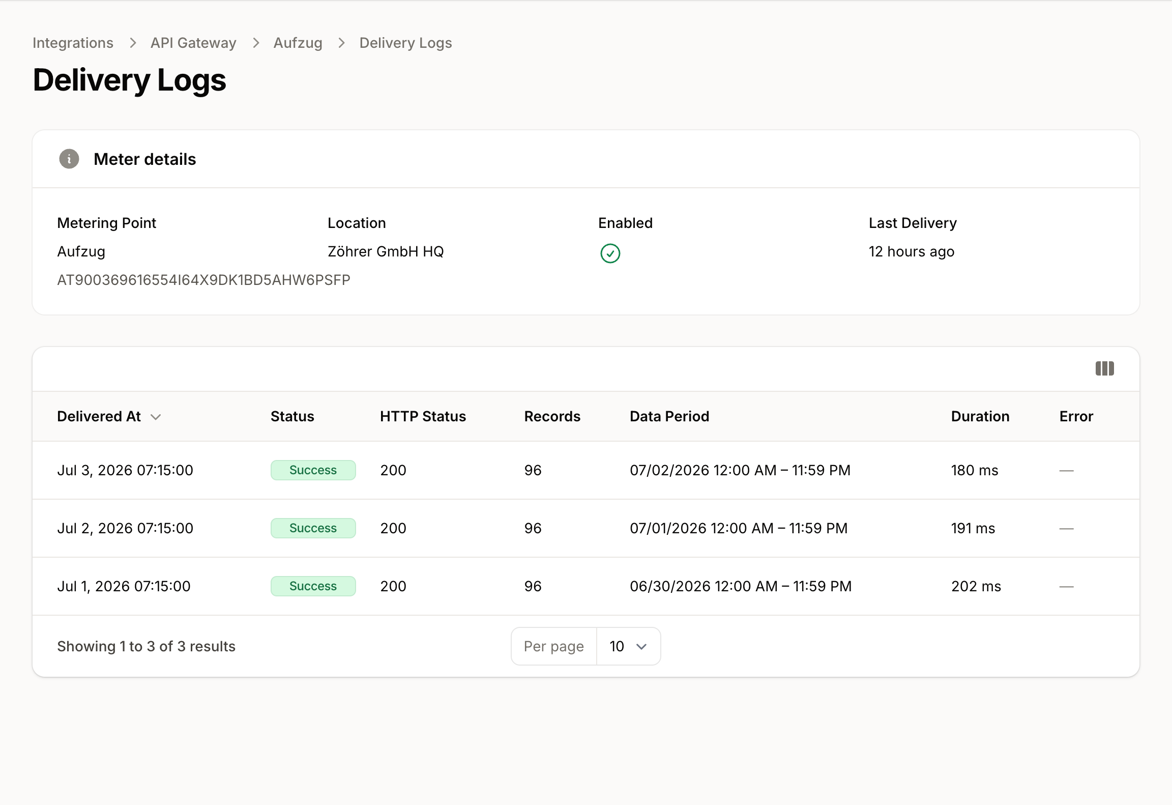 Data transfer log with status, record count, and time.