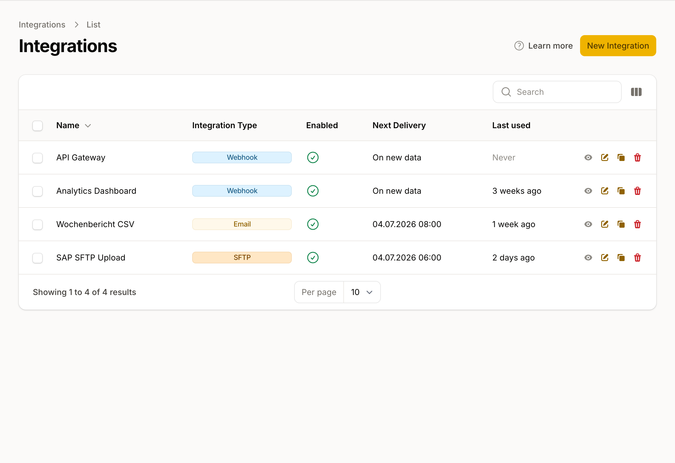 Overview of active integrations with webhook, MQTT, email, and SFTP, including enabled status, next scheduled run, and last used time.