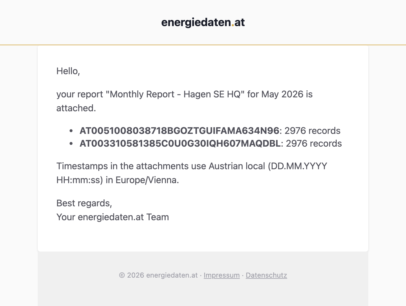 Report with recipient, CSV attachment, and send status.