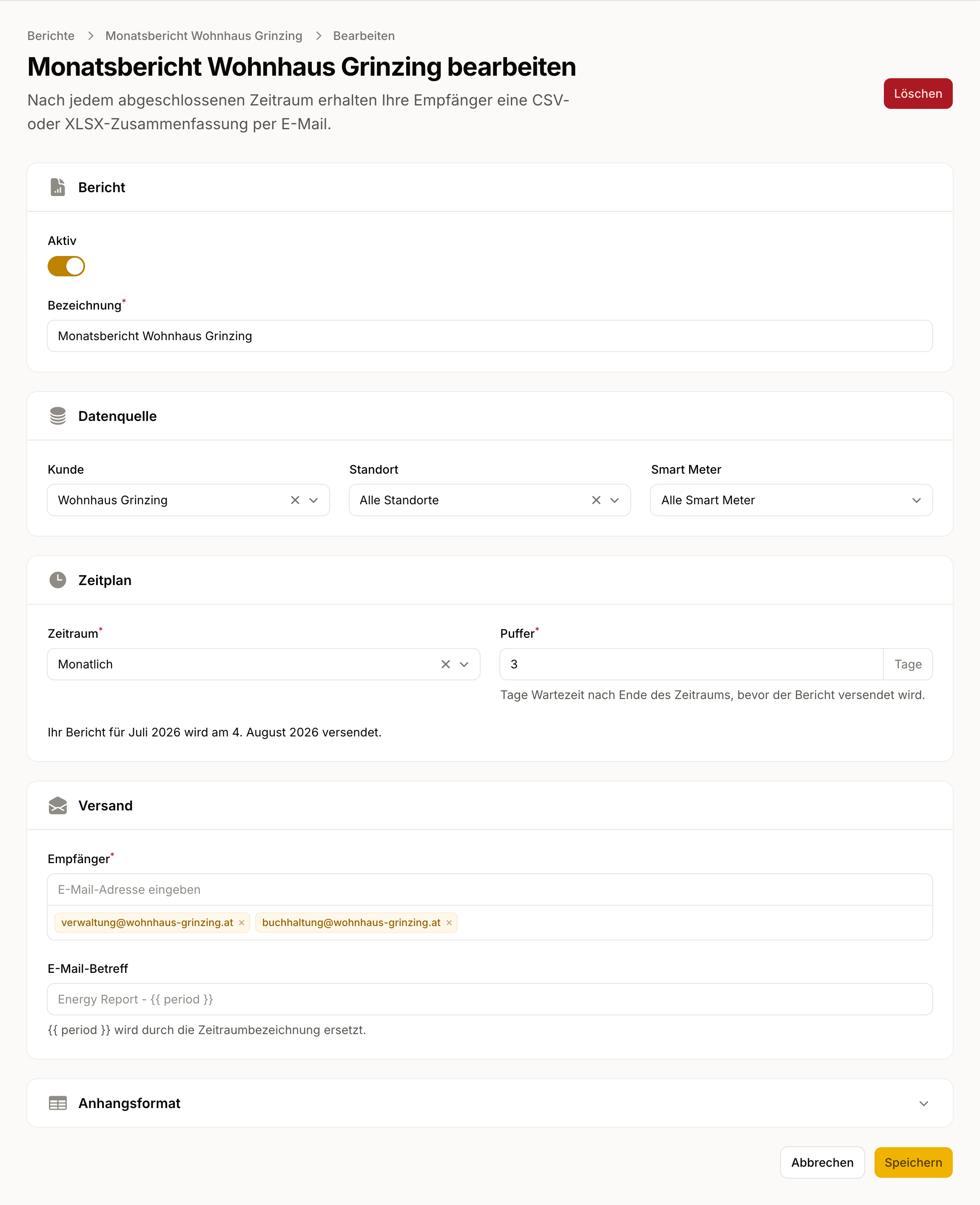Einrichtung eines geplanten Exports für einen einzelnen Kunden mit Empfängern und monatlichem Zeitplan.
