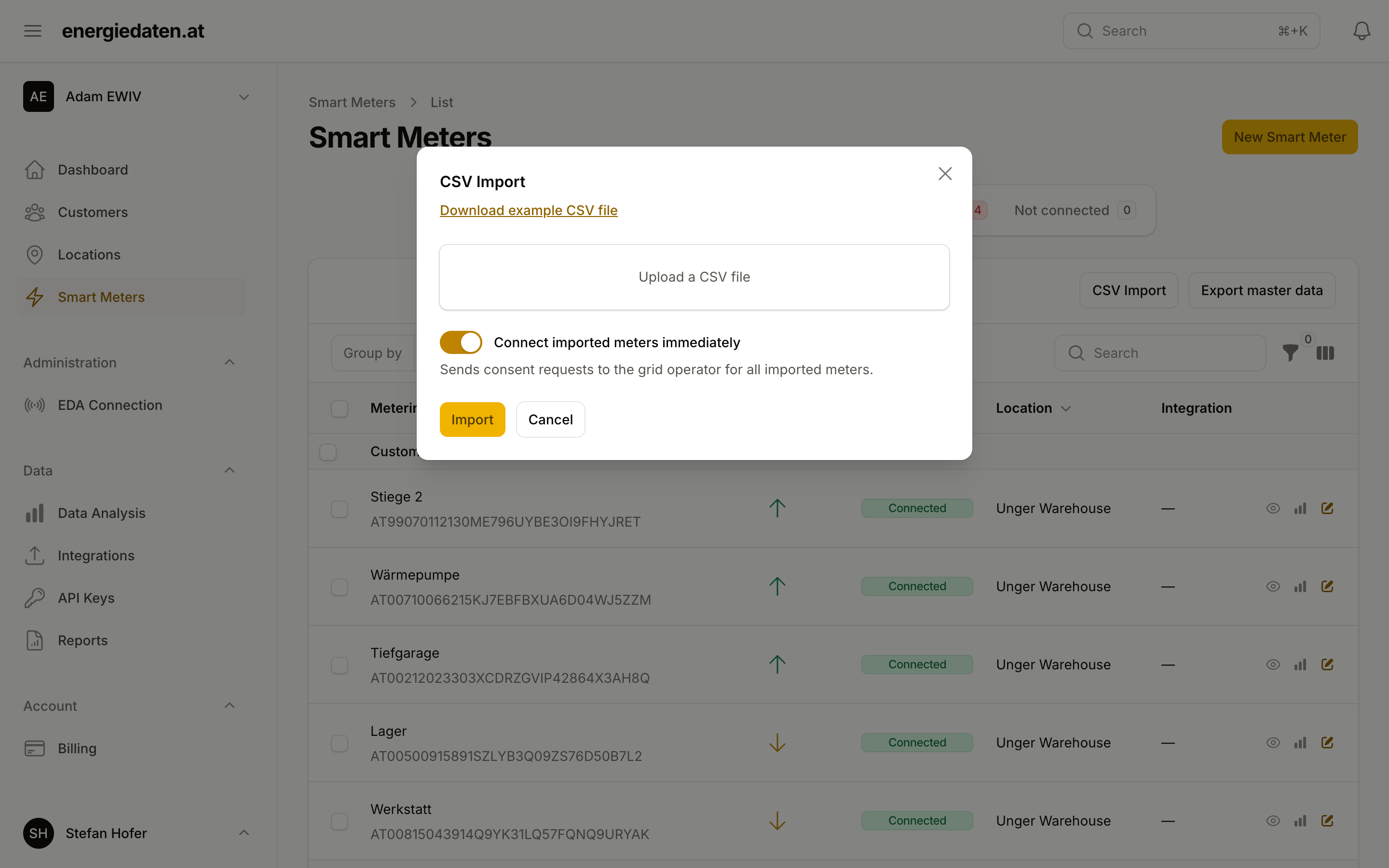 The import dialog: upload a meter list as a file and assign imported meters to their locations.