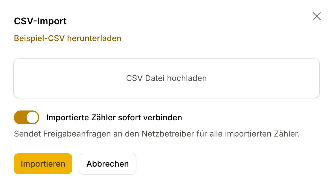 Der Import-Dialog: eine Zählerliste als Datei hochladen und importierte Zähler den Standorten zuordnen.