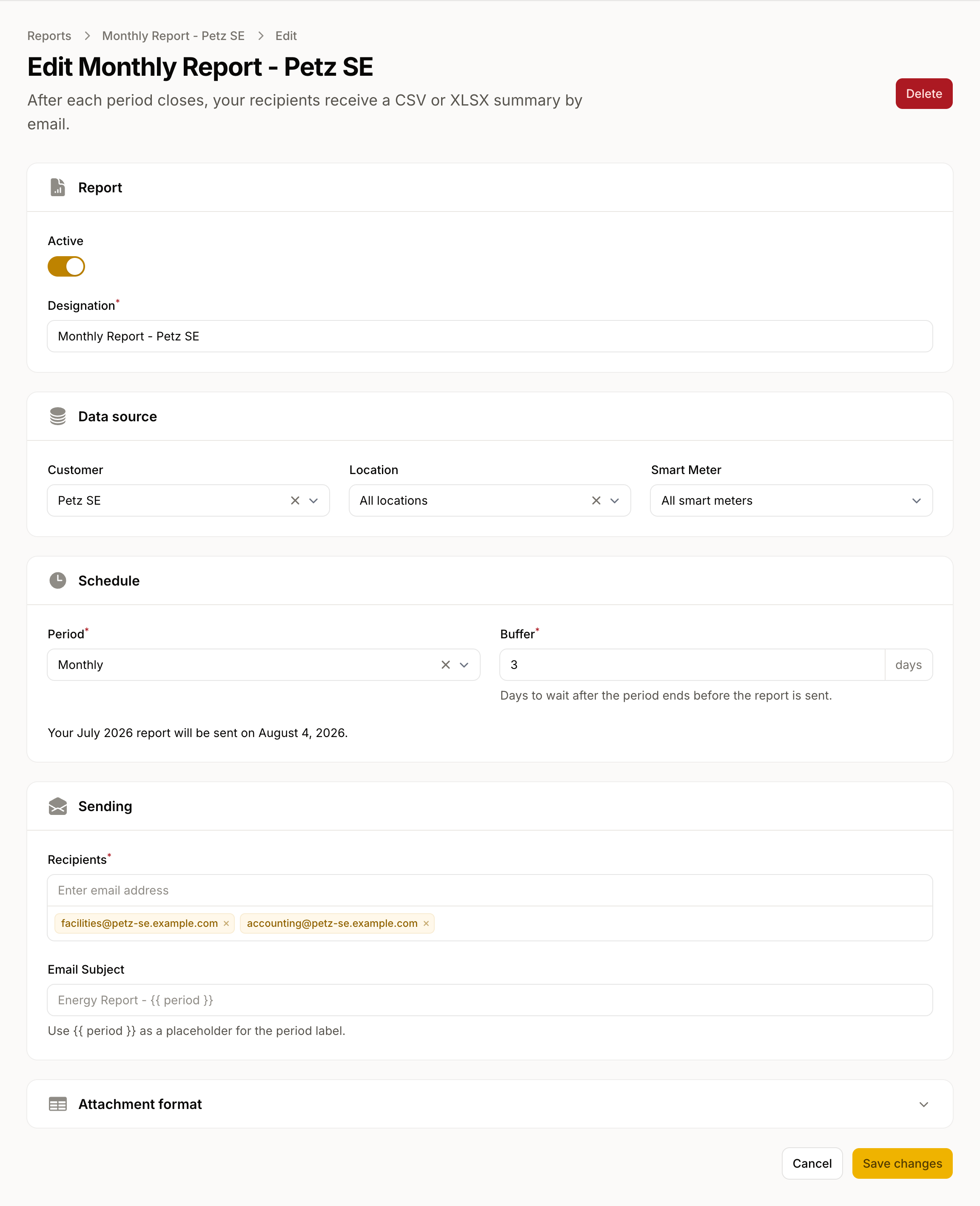 Scheduled export setup for a single customer, with email recipients and a monthly schedule.