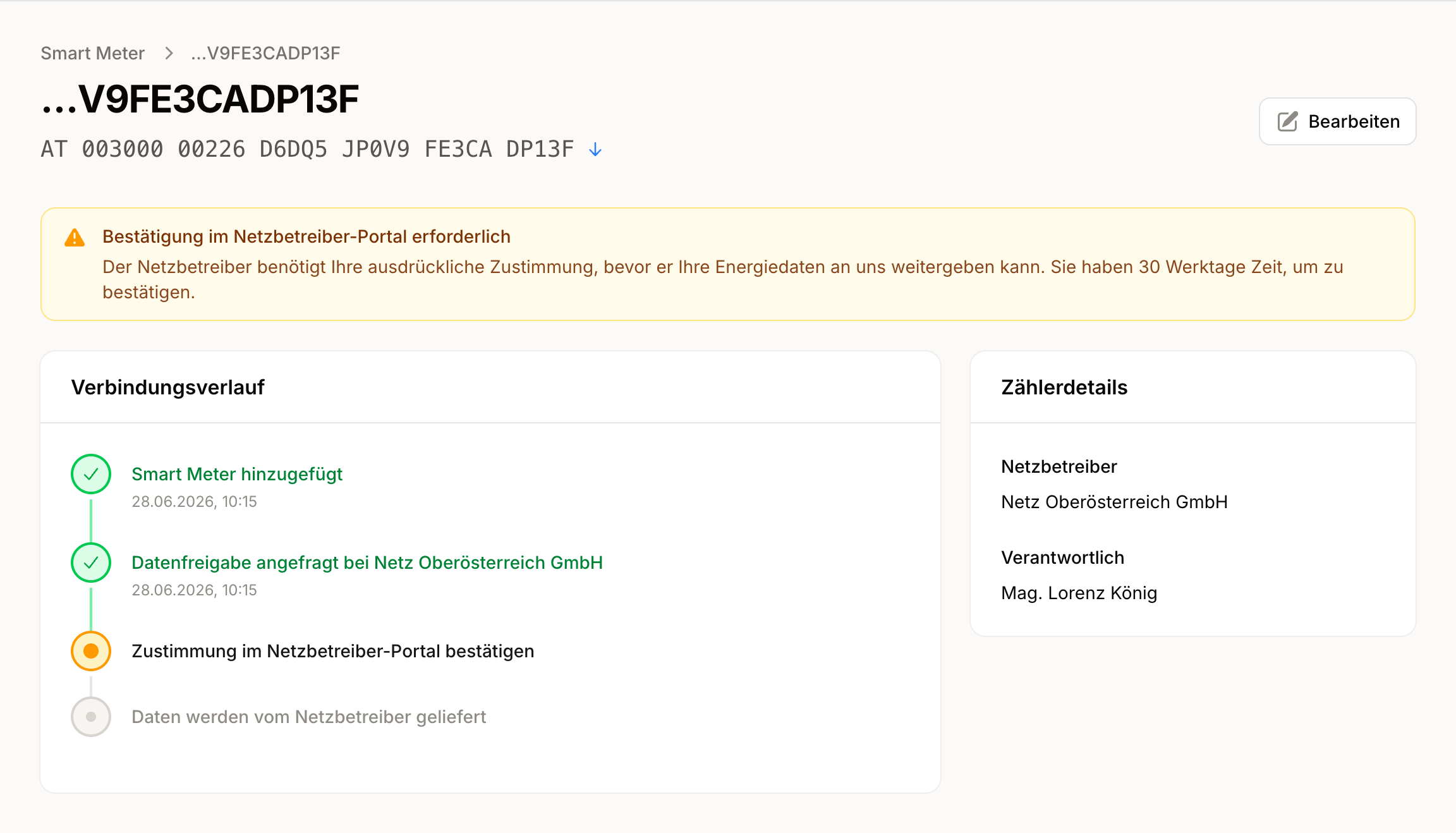 Verbindungsverlauf eines Zählers mit den Schritten der Datenfreigabe; die Bestätigung im Netzbetreiber-Portal steht noch aus.
