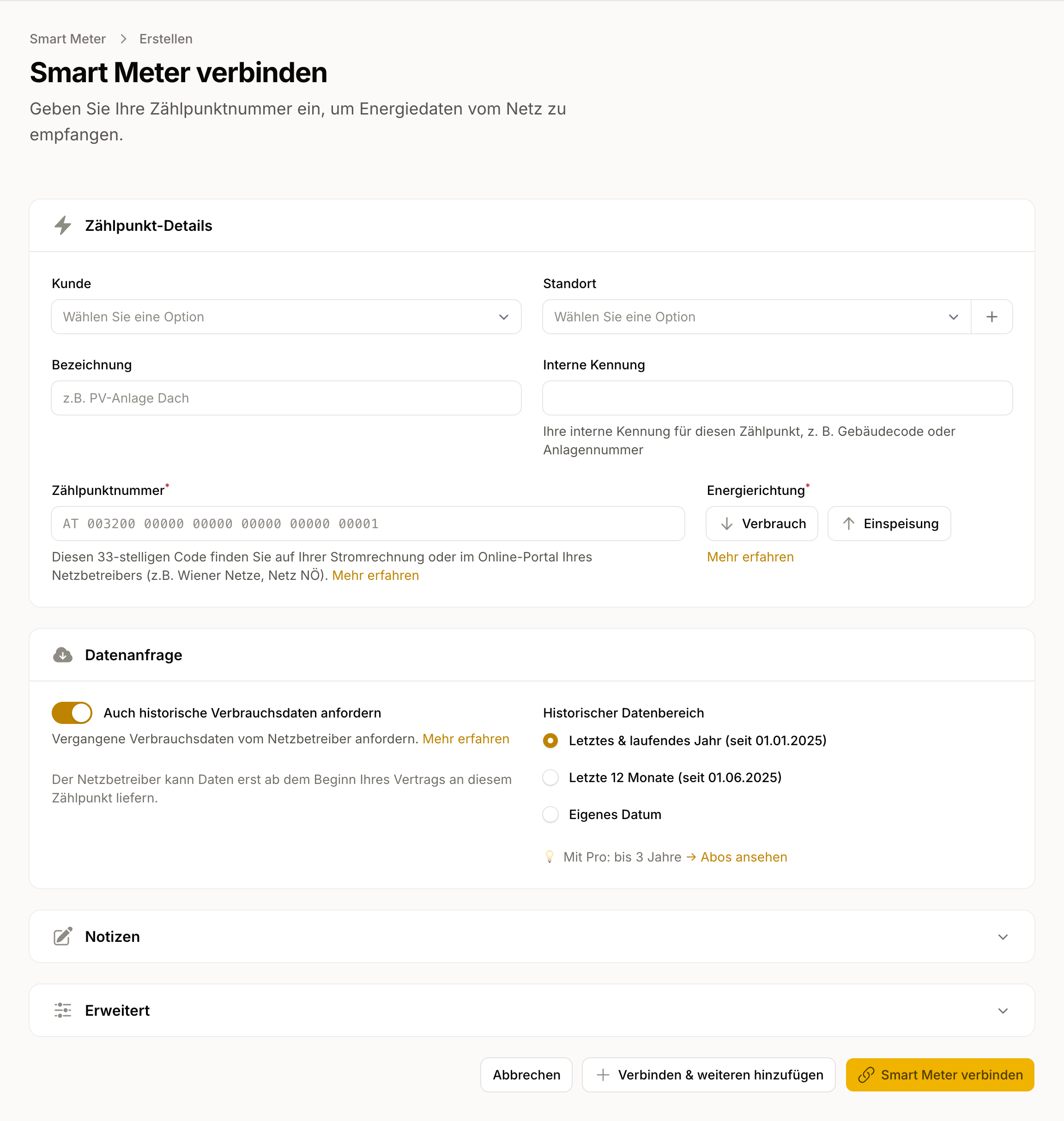 Formular "Smart Meter verbinden" mit Zählpunkt-Eingabe, Richtungswahl und Option für die historische Nachforderung.
