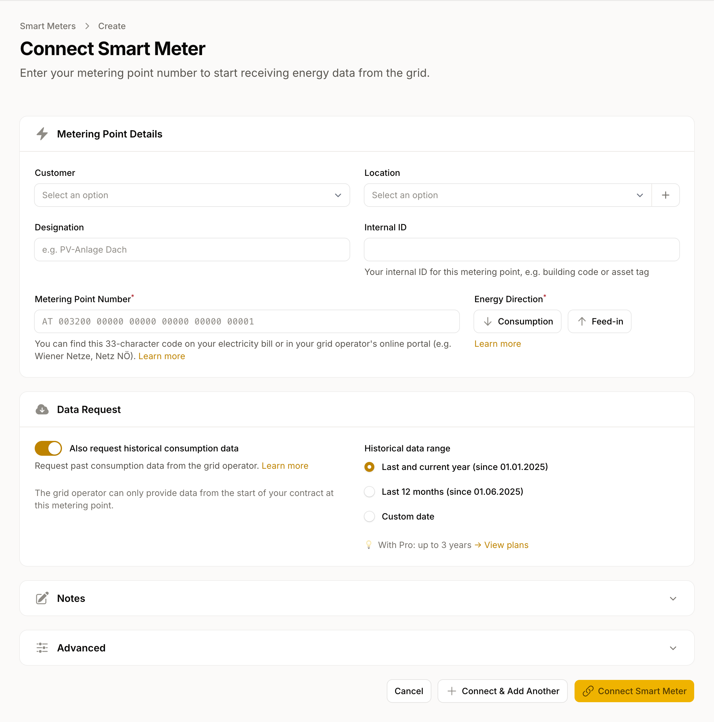 "Connect smart meter" form with metering-point input, direction choice, and the historical-request option.