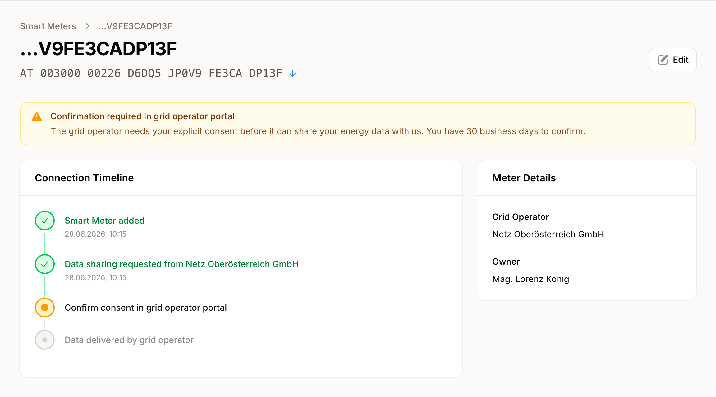 A meter's connection timeline showing the consent steps; confirmation in the grid operator portal is still pending.