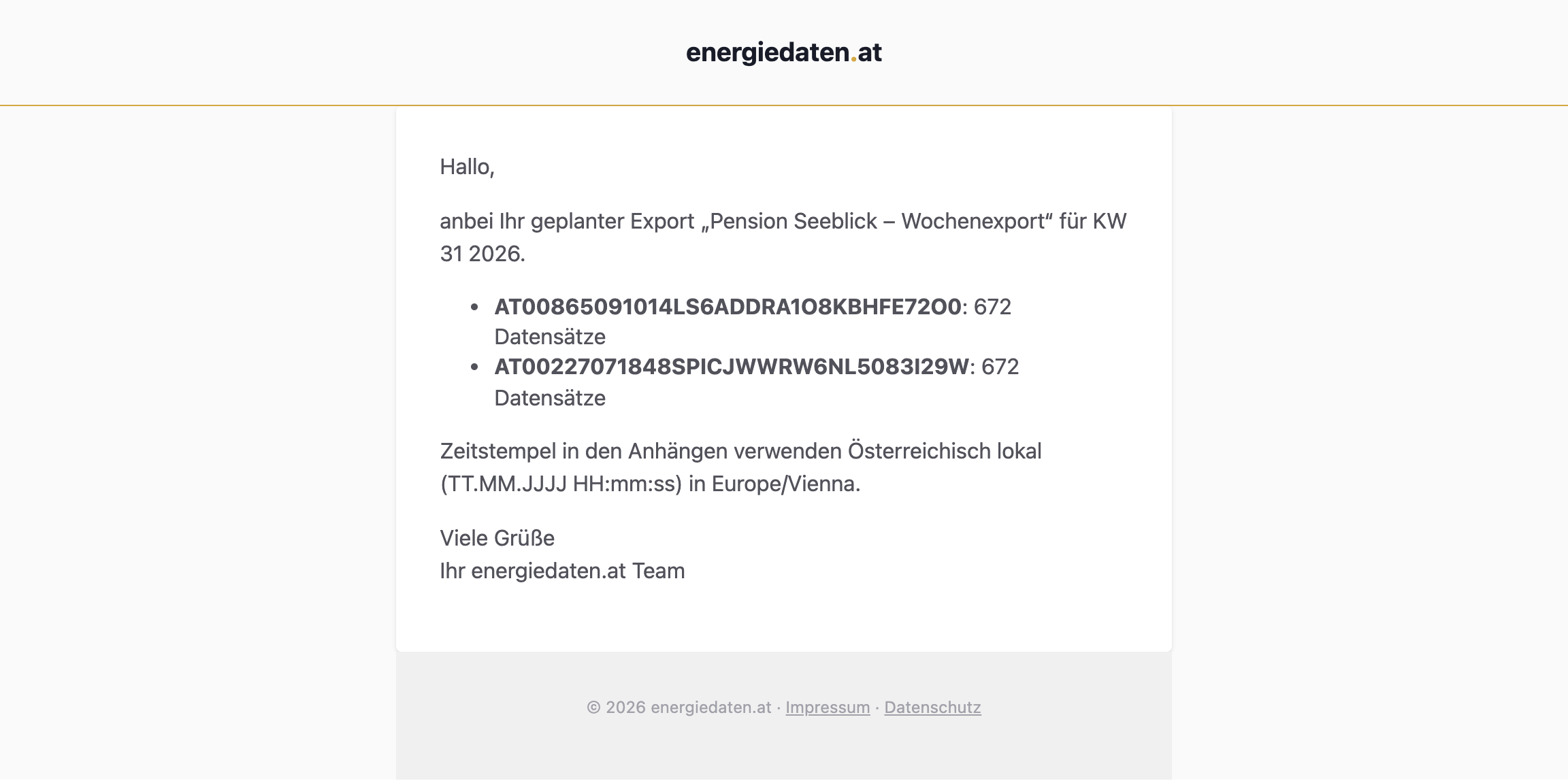 Die zugestellte E-Mail nennt jeden Zähler mit der Zahl der Messwerte; die CSV-Datei liegt im Anhang.