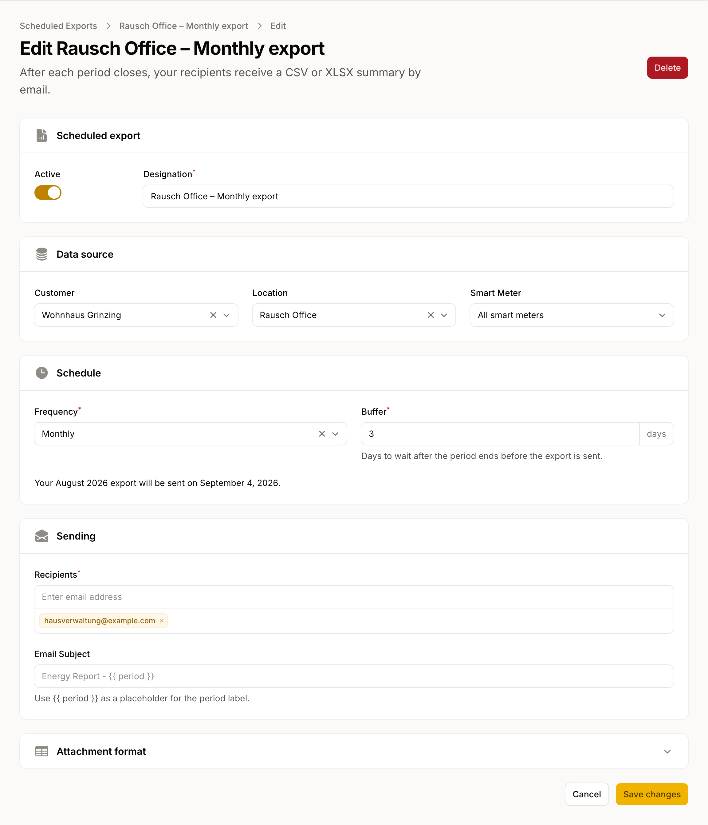 The scheduled export form with data source, schedule including buffer, and recipients.