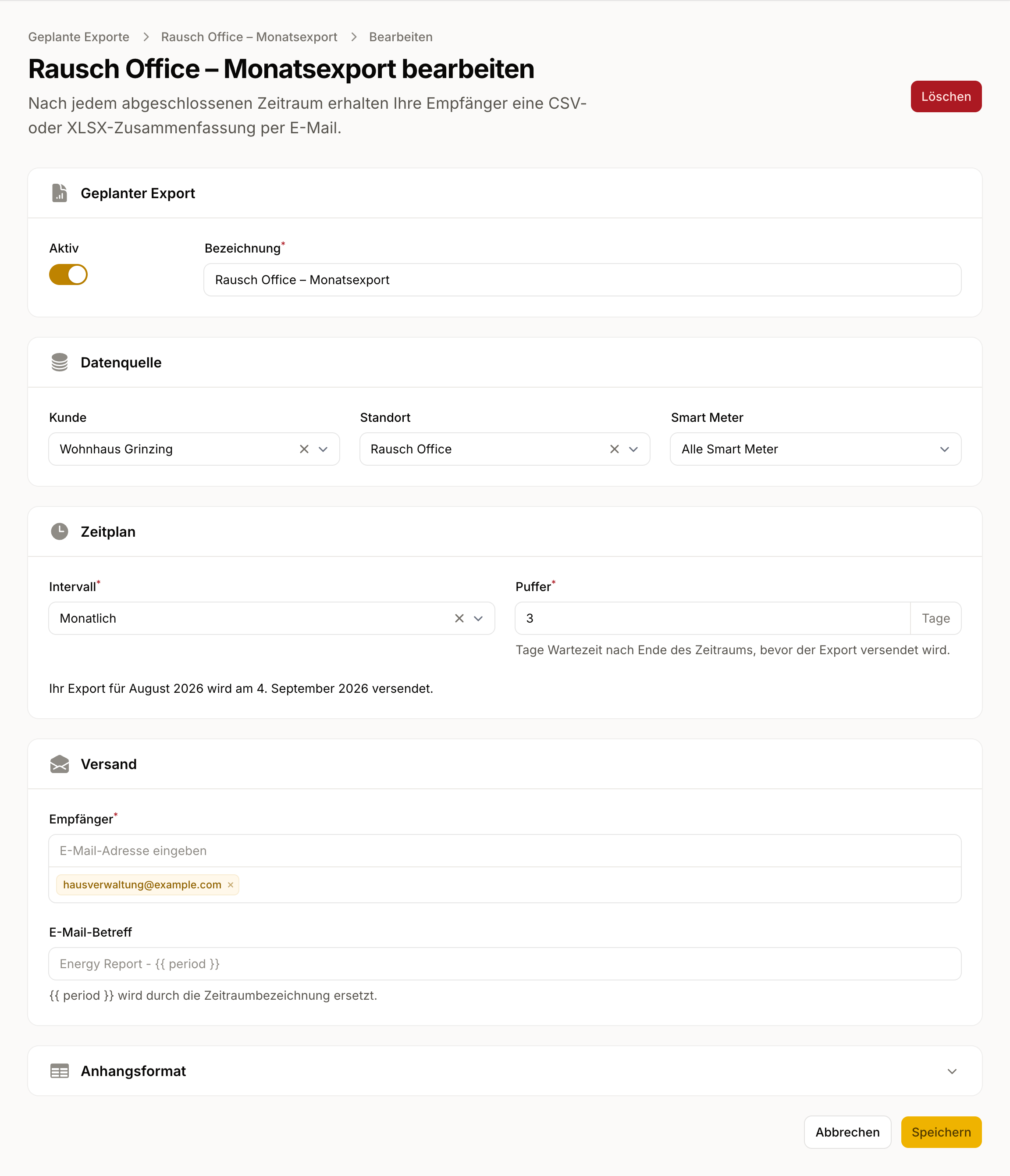 Das Formular für geplante Exporte mit Datenquelle, Zeitplan samt Puffer und Empfängern.