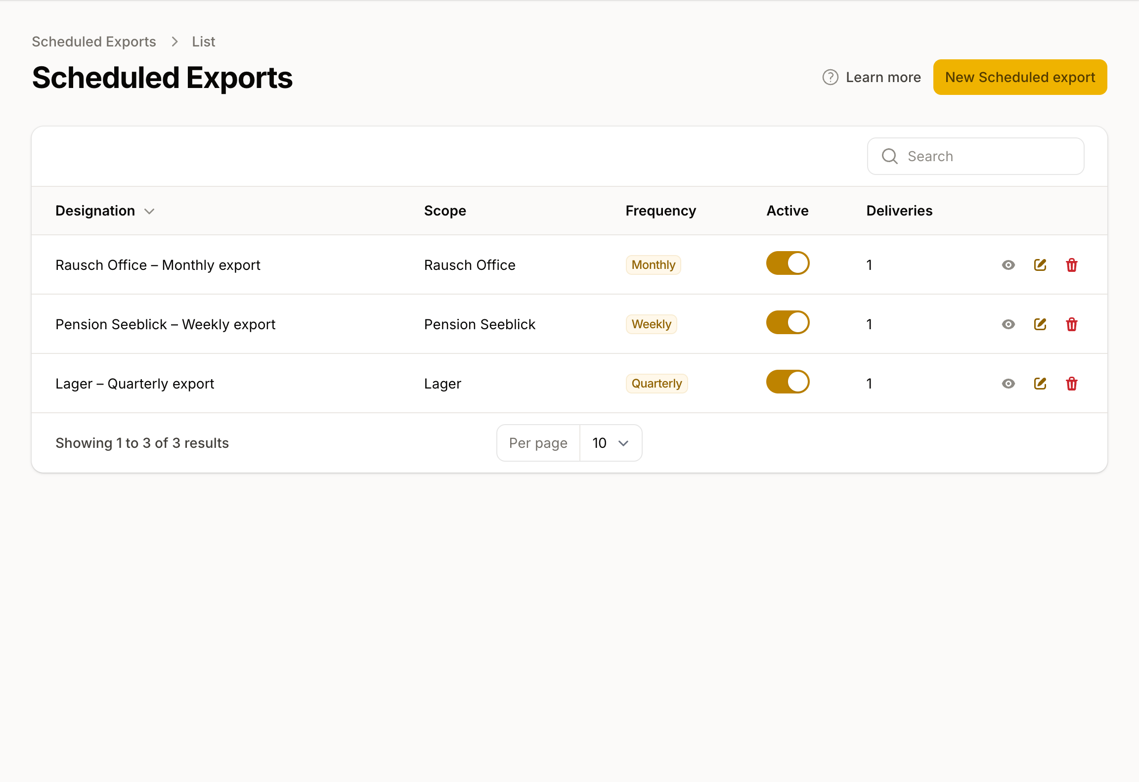 The scheduled exports list shows one scheduled export per row with scope, frequency, and delivery count.