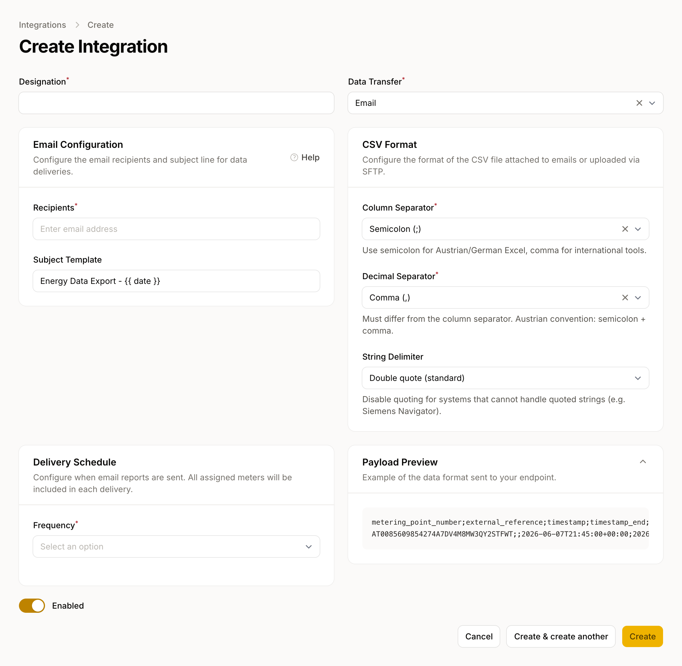 Email CSV connection editor: recipients, subject template, and data preview.