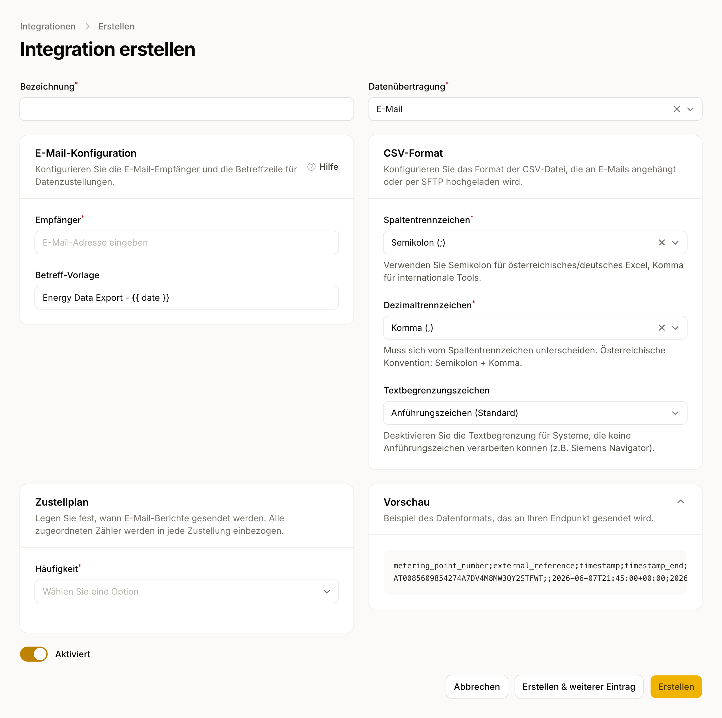 E-Mail-CSV-Verbindung bearbeiten: Empfänger, Betreff-Vorlage und Datenvorschau.