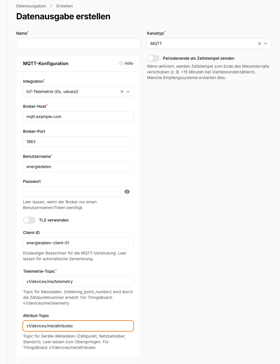 MQTT-Verbindung bearbeiten: Broker-Host, Port, TLS, Zugangsdaten, Client-ID, Topic-Konfiguration und JSON-Vorschau.