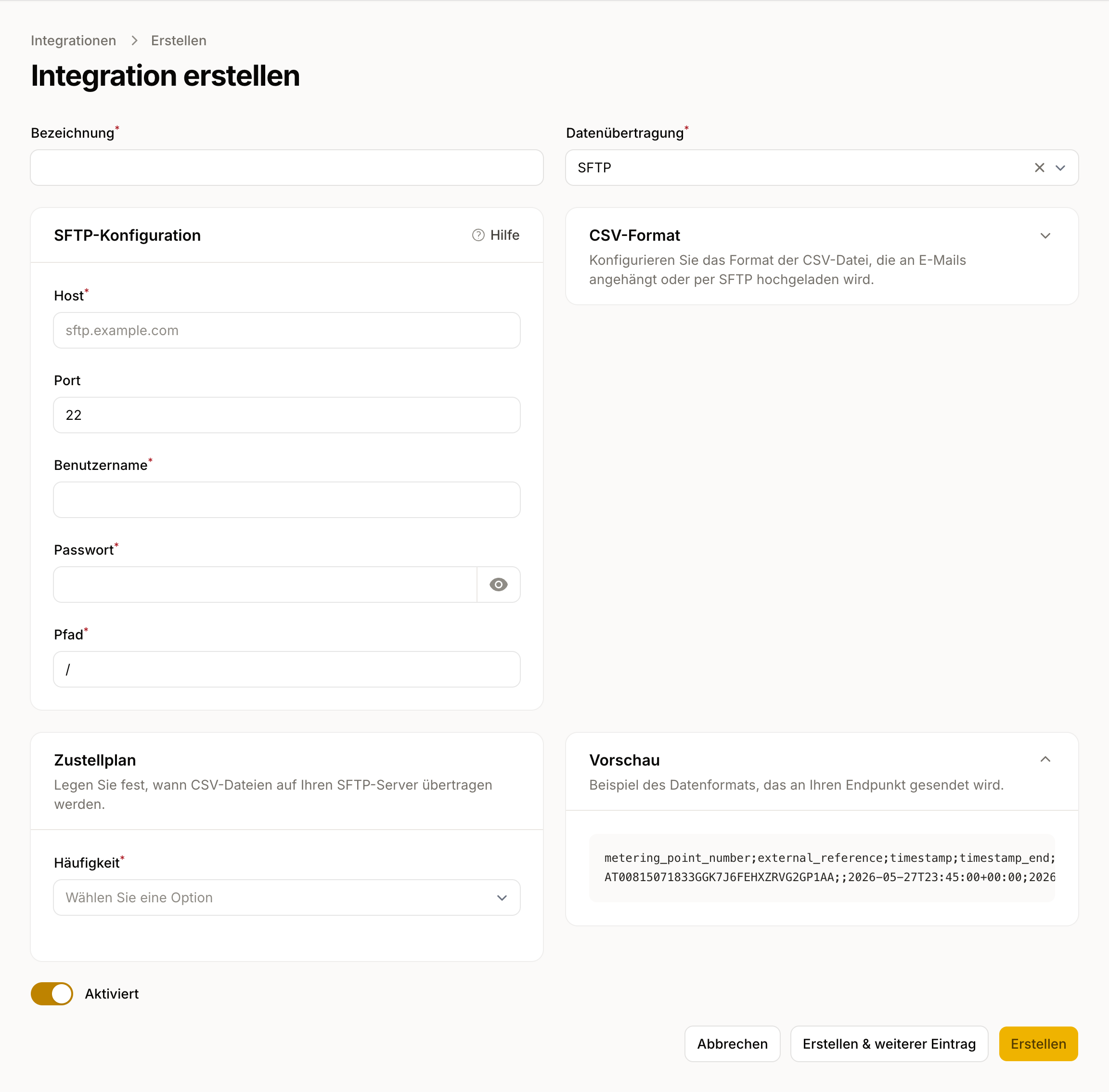 SFTP-Konfiguration: Host, Port, Benutzername und Passwort, Zielpfad sowie das CSV-Format und eine Vorschau der hochgeladenen Datei.
