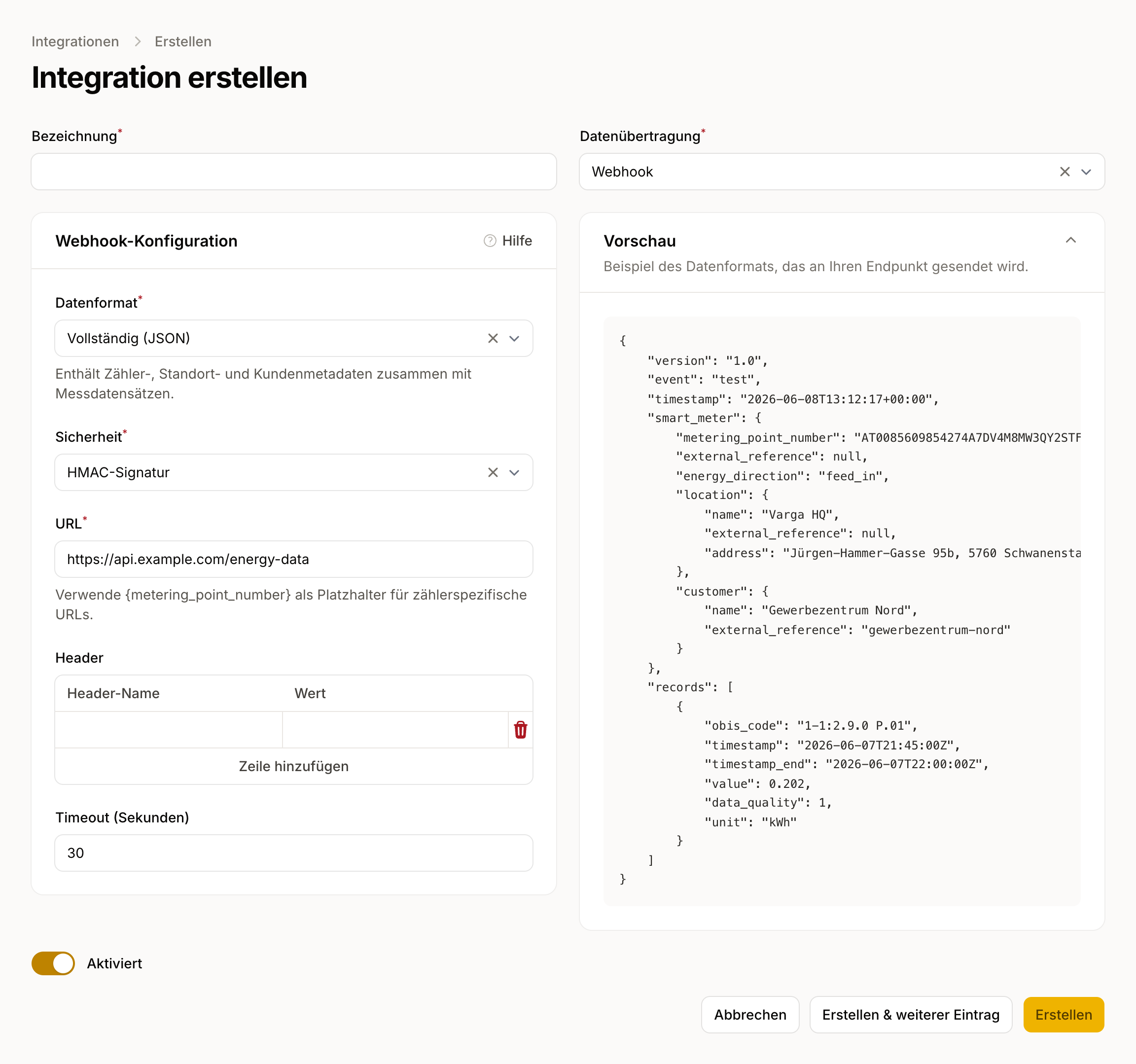 Webhook-Konfiguration: Name, Ziel-URL, Sicherheitsmethode per HMAC-Signatur, Datenformat und JSON-Vorschau des Payloads.