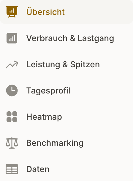 Navigation der Datenanalyse: Übersicht, Verbrauch, Leistung, Tagesprofil, Heatmap, Benchmarking und Daten.
