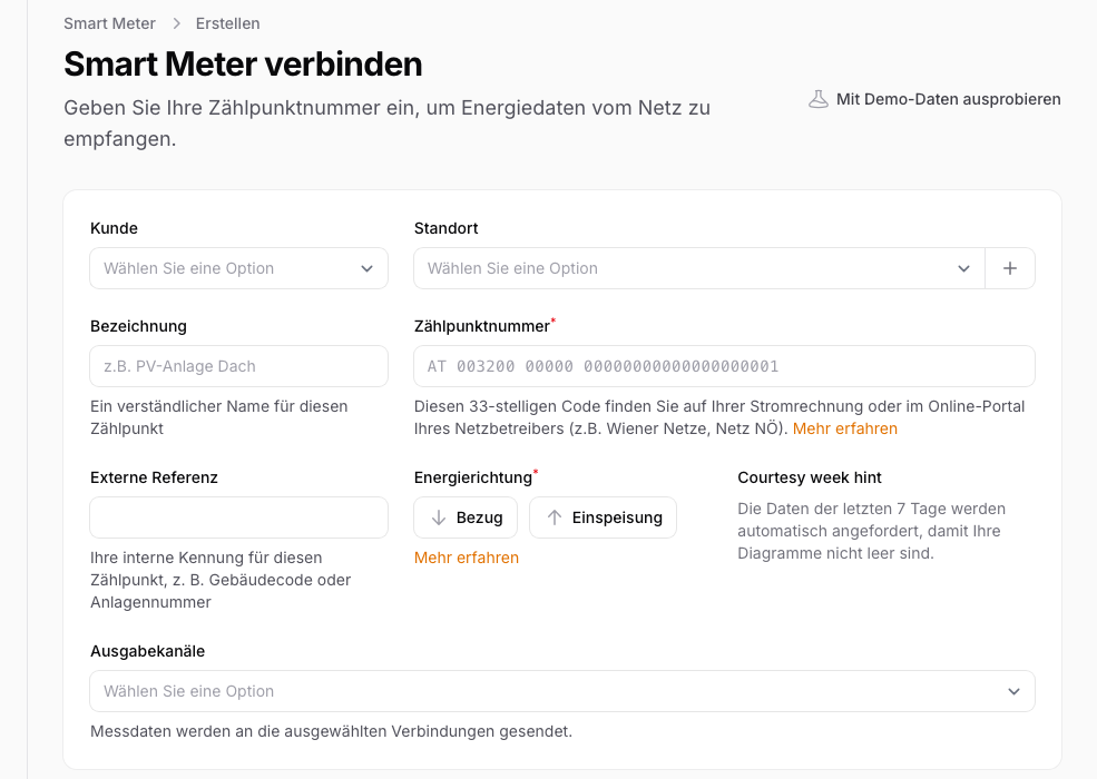 Formular "Smart Meter verbinden" mit der Option "Integrationstest-Zähler hinzufügen" oben rechts.