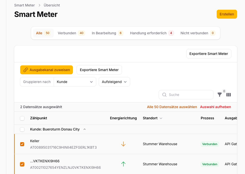 Smart-Meter-Übersicht mit Option zur Anforderung historischer Daten über Bulk-Aktionen.