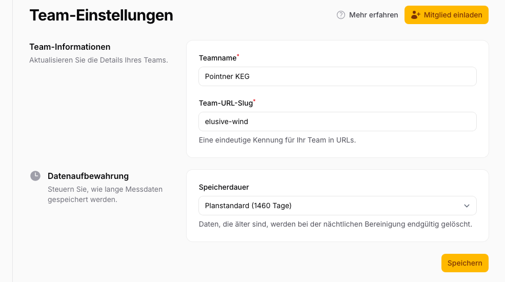 Team-Einstellungen: Teamname, Team-URL und Datenaufbewahrung konfigurieren.