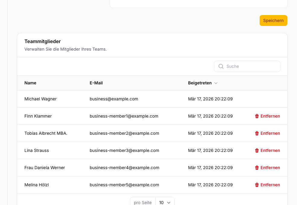 Teammitglieder-Übersicht: Tabelle mit Name, E-Mail, Rolle und Aktionen für jedes Mitglied.
